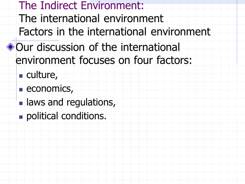 The Indirect Environment: The international environment Factors in the international environment Our discussion of